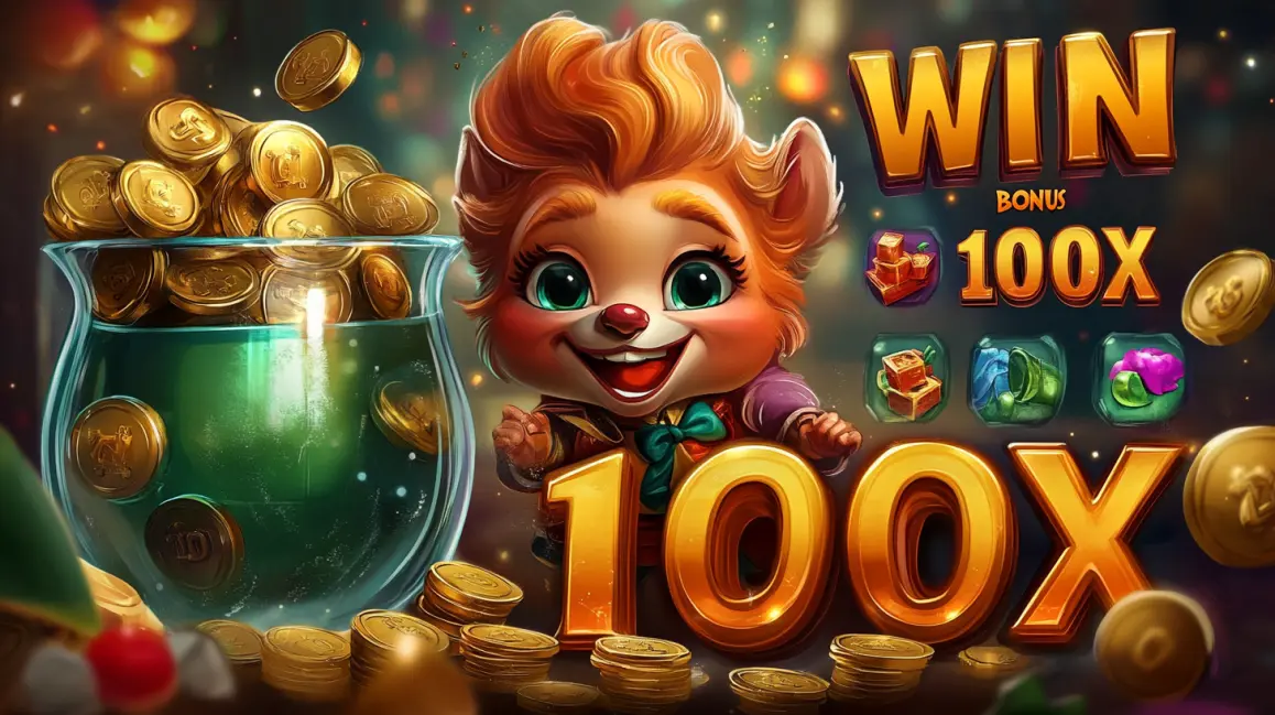 A bowl of coins and drinks with 'BONUS WIN 50X' text, alongside a cute cat character, highlights the massive win potential and fun bonuses at RICH TURBO.