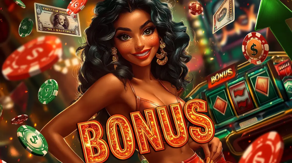 A beautiful woman with glowing red hair is surrounded by a shower of gold coins in the vibrant RICH TURBO casino, where magical wins and exciting jackpots are always possible.