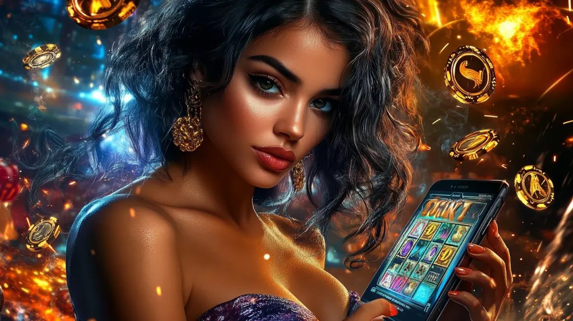 A glamorous woman with curly hair holds a smartphone showing a vibrant slot game, with dice and chips floating around, inviting you to play exciting mobile casino games at RICH TURBO.
