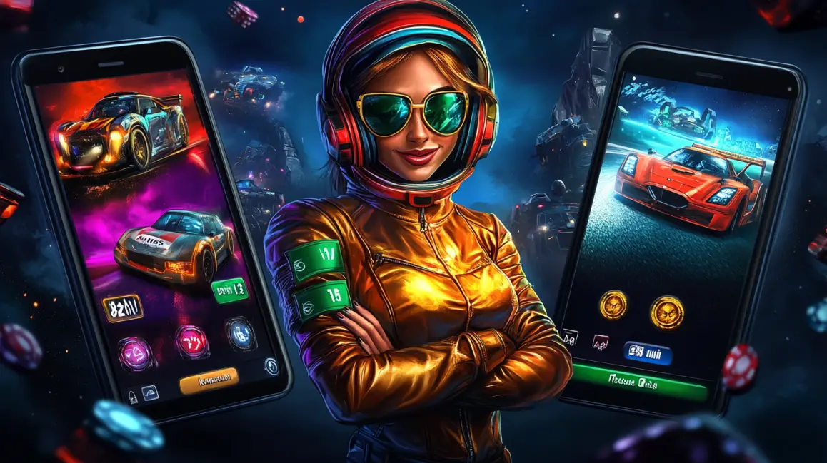 A stylish woman with blue hair and sunglasses holds a phone with a 'LOGIN' button, inviting you to sign in to your RICH TURBO account for a fun and rewarding tropical gaming session.