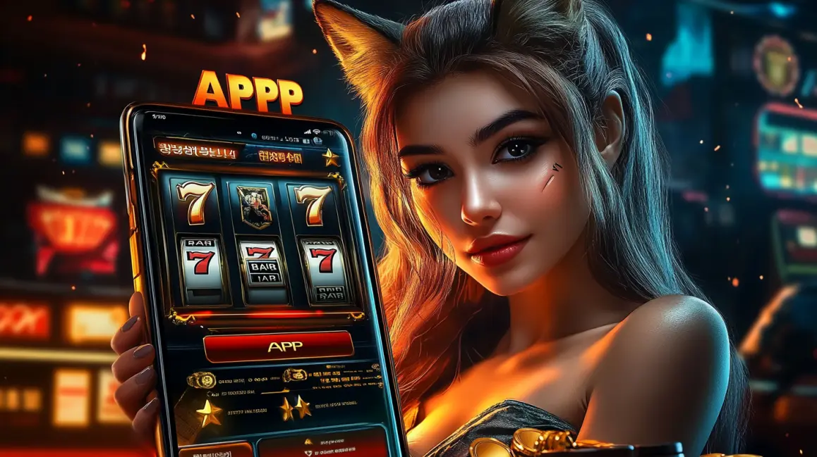 A stylish woman holds a phone with a fun slot game, with the word 'APP' in large letters, inviting you to download the RICH TURBO app for a vibrant gaming experience.